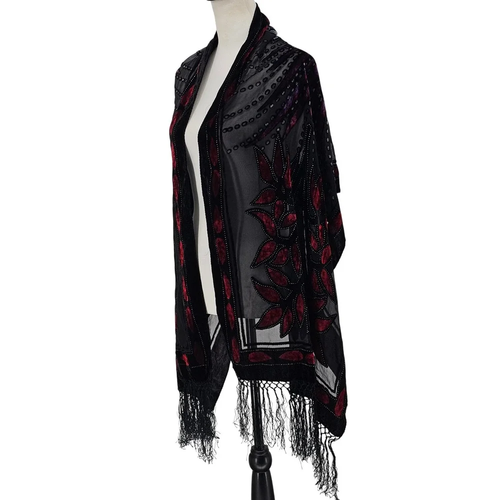 Silk Velvet Burnout Shawl Scarf OS Black Red Gothic Art Deco Flapper Fringe